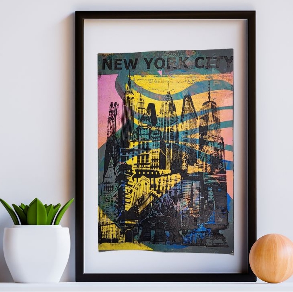 One-of-a-kind! 'NYC Skyline' Monoprint Poster. 19 x 13". Multi-color